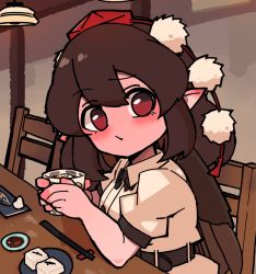 Rule 34 | 1girl, black hair, blush, chair, closed mouth, cup, drinking glass, hat, holding, holding cup, indoors, looking at viewer, pointy ears, red eyes, shameimaru aya, short hair, short sleeves, solo, tokin hat, touhou, yugi 0928