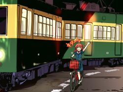 Rule 34 | 1girl, :d, absurdres, bag, bicycle, bicycle basket, blue dress, bocchi the rock!, commentary, dress, enoden bicycle bro (meme), enoshima electric railway, goumonsha, green eyes, hand up, highres, kita ikuyo, long hair, meme, night, open mouth, red bag, red hair, riding, riding bicycle, side ponytail, smile, solo, train, waving