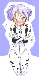 Rule 34 | &gt;:o, 1girl, :o, alternate hairstyle, angry, ayanami rei, ayanami rei (cosplay), blue eyes, blush, bodysuit, bracer, breasts, cosplay, cowboy shot, crossed arms, double bun, embarrassed, flying sweatdrops, gloves, hair bun, hair ornament, hair up, hiiragi kagami, interface headset, looking at viewer, lucky star, mikami komata, mikami konu, neon genesis evangelion, nose blush, open mouth, outline, parody, parted bangs, pilot suit, plugsuit, plugsuit (cosplay), purple background, purple hair, short hair, simple background, skinny, small breasts, solo, standing, sweatdrop, thigh gap, tsurime, turtleneck, v-shaped eyebrows
