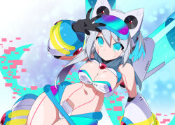 Rule 34 | android, aqua eyes, bare shoulders, bikini, boots, breasts, cleavage, crotch plate, goggles, goggles on head, grey hair, ico (megaman x dive), kaidou zx, large breasts, looking at viewer, medium hair, mega man (series), mega man x (series), mega man x dive, navel, official alternate costume, robot girl, swimsuit, white footwear, white headwear