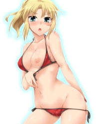 Rule 34 | &gt;:o, 1girl, :o, bare arms, bare shoulders, bikini, bikini pull, black ribbon, blonde hair, blue background, blush, breasts, cameltoe, chestnut mouth, clothes pull, collarbone, contrapposto, covered erect nipples, cowboy shot, fate/grand order, fate (series), front-tie bikini top, front-tie top, gradient background, green eyes, groin, halterneck, highres, leaning to the side, long hair, looking at viewer, medium breasts, mordred (fate), mordred (fate) (all), mordred (fate/apocrypha), mordred (swimsuit rider) (fate), mordred (swimsuit rider) (first ascension) (fate), navel, nipples, one breast out, parted bangs, ponytail, pulled by self, red bikini, ribbon, shiny skin, side-tie bikini bottom, sidelocks, solo, standing, stomach, strap gap, string bikini, swimsuit, v-shaped eyebrows, yoshi tama