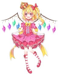 Rule 34 | 1girl, absurdres, alternate wings, blonde hair, blush, bow, crown, dress, fang, flandre scarlet, full body, gloves, hair bow, hair ribbon, hanen (borry), highres, jewelry, looking at viewer, mary janes, necklace, open mouth, pink dress, pink footwear, puffy short sleeves, puffy sleeves, red bow, red eyes, ribbon, shoes, short hair, short sleeves, side ponytail, simple background, skirt, skirt hold, smile, socks, solo, striped clothes, striped socks, touhou, vampire, white background, wings