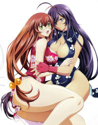Rule 34 | 00s, 2girls, absurdres, ahoge, ass, bare shoulders, blush, breasts, brown hair, china dress, chinese clothes, cleavage, cleavage cutout, clothing cutout, curvy, dress, fingerless gloves, glasses, gloves, green eyes, grey eyes, hair bobbles, hair ornament, hair over one eye, highres, ikkitousen, ikkitousen~dragon destiny~, kan&#039;u unchou, large breasts, long hair, looking at viewer, low-tied long hair, multiple girls, open mouth, parted lips, purple hair, red gloves, rin-sin, ryuubi gentoku, simple background, sitting, thick thighs, thighs, very long hair, white background, wide hips, yuri
