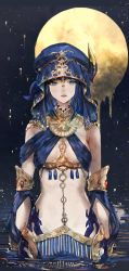 Rule 34 | 1girl, astrologian (final fantasy), au ra, warrior of light (ff14), bare shoulders, blue eyes, blue hair, blue headwear, closed mouth, commission, final fantasy, final fantasy xiv, gem, horns, medium hair, melting, moon, nightmare-kck, original, partially submerged, reflection, skeb commission, solo, standing, star (sky), water, yellow moon