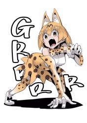 Rule 34 | 10s, 1girl, all fours, animal ears, blonde hair, bow, elbow gloves, fangs, gloves, highres, hirakata masahiro, kemono friends, open mouth, serval (kemono friends), serval print, short hair, solo, tail, thighhighs, yellow eyes