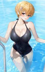 Rule 34 | 1girl, absurdres, black one-piece swimsuit, blonde hair, blue eyes, blush, breasts, cleavage, girls&#039; frontline, hair ornament, highres, large breasts, looking at viewer, mole, mole on breast, mole under eye, one-piece swimsuit, polla, pool ladder, short hair, snowflake hair ornament, solo, swimsuit, vsk-94 (girls&#039; frontline), water, wet