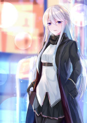 Rule 34 | 1girl, azur lane, black coat, black necktie, black pantyhose, black scarf, blurry, blush, bokeh, breasts, breath, coat, cowboy shot, cup, depth of field, enterprise (azur lane), eternity (pixiv8012826), eyes visible through hair, framed breasts, hand in pocket, highres, holding, holding cup, large breasts, light particles, lights, long hair, looking at viewer, miniskirt, necktie, night, open mouth, outdoors, pantyhose, purple eyes, scarf, shirt, sidelocks, silver hair, skirt, sleeveless, sleeveless shirt, smile, solo, very long hair, walking