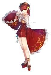 Rule 34 | 1girl, clog sandals, closed mouth, copyright request, dress, full body, green eyes, hand up, hat, highres, hoojiro, long sleeves, looking at viewer, medium hair, panties, red dress, red hair, side-tie panties, simple background, solo, standing, underwear, white background, wide sleeves