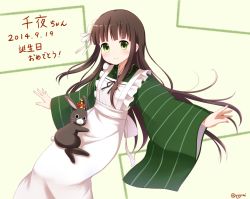 Rule 34 | 1girl, 2014, ama usa an uniform, anko (gochiusa), apron, artist name, beige background, birthday, blunt bangs, blush, brown hair, character name, closed mouth, commentary request, cowboy shot, crown, dated, flower, gochuumon wa usagi desu ka?, green eyes, green kimono, hair flower, hair ornament, happy birthday, highres, japanese clothes, kimono, long hair, long sleeves, looking at viewer, mini crown, moon (ornament), outstretched arms, rabbit, ribbon, sidelocks, simple background, smile, spread arms, standing, translation request, ujimatsu chiya, very long hair, white apron, white ribbon, wide sleeves, yuyumi (yuurei)