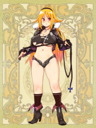 Rule 34 | 1girl, black socks, blonde hair, breasts, character request, covered erect nipples, denim, denim shorts, full body, hairband, jacket, jewelry, large breasts, long hair, navel, necklace, official art, open clothes, open fly, open jacket, psychic hearts, red eyes, ryoji (nomura ryouji), short shorts, shorts, socks, solo, torn clothes, underboob, whip