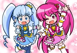 Rule 34 | 10s, 2girls, ;d, aino megumi, black legwear, blue dress, blue eyes, blue hair, blue skirt, blush, boots, bow, brooch, chibi, crown, cure lovely, cure princess, dress, frills, full body, guardias, hair ornament, happinesscharge precure!, heart, heart brooch, heart hair ornament, long hair, magical girl, mini crown, multiple girls, no nose, one eye closed, open mouth, pink bow, pink dress, pink eyes, pink hair, pink skirt, ponytail, precure, shirayuki hime, skirt, smile, thigh boots, thighhighs, twintails, white legwear, wide ponytail, wink, wrist cuffs