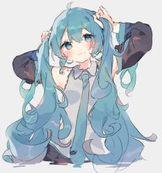 Rule 34 | 1girl, bare shoulders, blue eyes, blue hair, blue necktie, blush, collared shirt, detached sleeves, grey background, hatsune miku, highres, necktie, otintin, playing with own hair, shirt, sleeveless, sleeveless shirt, smile, solo, twintails, upper body, vocaloid