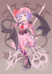 Rule 34 | 1girl, armor, armored boots, armored dress, ascot, bat wings, boots, brown background, corset, dress, full body, gauntlets, gradient background, hat, hat ribbon, highres, light purple hair, looking at viewer, mizuke no nai tofu, mob cap, nail polish, pink dress, puffy sleeves, red eyes, remilia scarlet, ribbon, short hair, short sleeves, smile, solo, spear the gungnir, touhou, wings