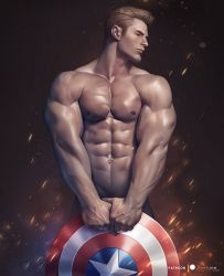 Rule 34 | 1boy, abs, avengers: endgame, avengers (series), bara, blonde hair, captain america, closed eyes, closed mouth, completely nude, covering privates, covering crotch, holding, holding shield, holding weapon, large pectorals, male focus, marvel, marvel cinematic universe, muscular, muscular male, navel, nipples, nude, pectorals, shield, short hair, silverjow, solo, steve rogers, weapon