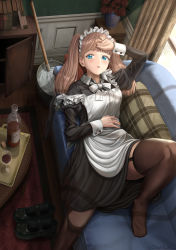 Rule 34 | 1girl, black dress, black thighhighs, blue eyes, book, bottle, bow, bowtie, bucket, circle skirt, clothes lift, couch, cup, curtains, dress, dress lift, drinking glass, flower, garter straps, hand to forehead, highres, lying, maid, medium dress, mop, on back, original, silvertsuki, thighhighs, twintails, vase, window, wine bottle, wine glass