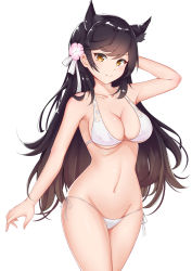 Rule 34 | 1girl, absurdres, animal ears, atago (azur lane), atago (summer march) (azur lane), atago (summer march) (azur lane), azur lane, bad id, bad pixiv id, bikini, black hair, breasts, brown eyes, catnnn, cleavage, commentary request, extra ears, hair ribbon, highres, large breasts, long hair, looking at viewer, mole, mole under eye, navel, ribbon, simple background, smile, solo, swept bangs, swimsuit, white background, white bikini, white ribbon