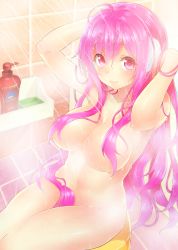 Rule 34 | 1girl, absurdres, ahoge, bath, bathing, bottle, breasts, convenient censoring, hair censor, highres, katoma, large breasts, long hair, looking at viewer, navel, nude, pink hair, rasis, red eyes, smile, soap bubbles, solo, sound voltex, tile floor, tile wall, tiles, water