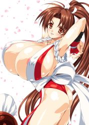 Rule 34 | 1girl, areola slip, arm up, ass, breasts, brown eyes, brown hair, bursting breasts, fatal fury, gigantic breasts, highres, ninja, ponytail, shiranui mai, smash daisaku, snk, solo, the king of fighters