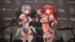 2girls, abs, absurdres, ahoge, amane kanata, arm ribbon, bell, biceps, black gloves, black legwear, breasts, bridal gauntlets, cleavage, clenched hand, clothing cutout, elbow gloves, english text, fake screenshot, feathered wings, gloves, green eyes, hair bell, hair intakes, hair ornament, highleg, highleg leotard, highleg panties, highres, hololive, huge ahoge, huge filesize, leotard, low wings, lowleg, lowleg shorts, medium breasts, medium hair, mixed martial arts, multiple girls, muscular, muscular female, navel, one side up, panties, partially fingerless gloves, press conference, purple eyes, red gloves, red ribbon, ribbon, sakura miko, shadow, short hair, short shorts, shorts, silver hair, small breasts, sports bra, standing, stomach cutout, textless, thighhighs, two-tone legwear, ultimate fighting championship, underwear, virtual youtuber, white legwear, wings, zhvo