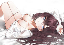 Rule 34 | 1girl, arm up, bare legs, bed sheet, blue eyes, blush, breasts, brown hair, cleavage, closed mouth, feet out of frame, hair between eyes, highres, ichinose shiki, idolmaster, idolmaster cinderella girls, knees up, large breasts, long hair, long sleeves, looking at viewer, lying, on back, on bed, panties, panty pull, shirt, sleeves past wrists, solo, underwear, white background, white panties, white shirt, yukineko1018