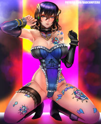 Rule 34 | 1girl, badcompzero, bare shoulders, black hair, bloodstained: ritual of the night, blue eyes, boots, breasts, cleavage, commentary, detached sleeves, english commentary, gluteal fold, highres, horn ornament, horns, large breasts, light smile, lips, looking at viewer, miriam (bloodstained), parted lips, seiza, short hair, sitting, solo, tattoo, thick thighs, thigh strap, thighs