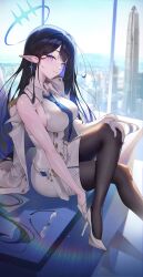 Rule 34 | 1girl, absurdres, bare shoulders, black hair, blue archive, blue eyes, blue halo, blue necktie, blurry, blurry background, breasts, building, coat, collared dress, colored inner hair, commentary request, dress, earrings, glasses, gloves, grin, gun, half gloves, halo, handgun, high heels, highres, holster, indoors, jacket, jacket on shoulders, jewelry, large breasts, long hair, multicolored hair, necktie, ninebell, pantyhose, pointy ears, putting on shoes, rin (blue archive), sitting, sky, skyscraper, smile, solo, unworn eyewear, very long hair, weapon, white coat, white dress, white gloves, window