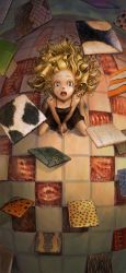 Rule 34 | 1girl, abstract, barefoot, blonde hair, child, crazy eyes, creepy, curly hair, dress, from above, highres, horror (theme), kneeling, open mouth, original, short dress, solo, staring, surreal, tiles, torikawa