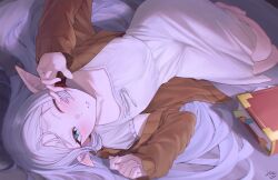 Rule 34 | 1girl, aqua eyes, barefoot, bed, blurry, book, bookmark, brown jacket, commentary request, depth of field, dress, elf, frieren, from above, highres, jacket, jebi, long hair, looking at viewer, lying, on bed, on side, one eye closed, open clothes, open jacket, parted bangs, parted lips, pointy ears, ribbon, shirt, sidelocks, solo, sousou no frieren, thick eyebrows, waking up, white dress, white hair, white ribbon