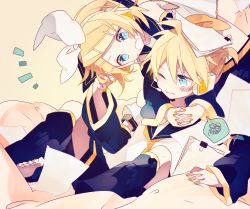 Rule 34 | 1boy, 1girl, 4 (nakajima4423), blonde hair, blue eyes, brother and sister, fang, hairband, headphones, kagamine len, kagamine rin, nail polish, one eye closed, open mouth, own hands clasped, own hands together, siblings, vocaloid, wavy mouth, wince