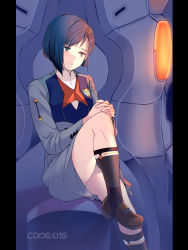 Rule 34 | 10s, 1girl, absurdres, black socks, blue hair, brown footwear, closed mouth, darling in the franxx, dress, emblem, green eyes, grey dress, highres, ichigo (darling in the franxx), kate iwana, knee up, kneehighs, light frown, lips, long sleeves, looking away, looking down, military, military uniform, own hands clasped, own hands together, shoes, short hair, sitting, socks, solo, uniform