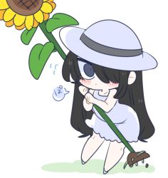 Rule 34 | 1girl, black eyes, black hair, closed mouth, dress, flower, full body, hair over one eye, hasshaku-sama, hat, holding, holding flower, long hair, looking at viewer, op na yarou, original, simple background, solo, speech bubble, standing, sunflower, translation request, white background, white dress, white footwear, white hat