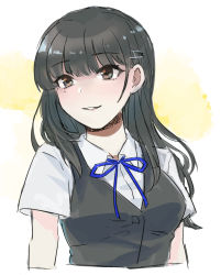 Rule 34 | 1girl, black hair, black vest, blue ribbon, brown eyes, commentary request, hagioshi, hayashio (kancolle), kantai collection, long hair, looking to the side, mole, mole under eye, neck ribbon, parted lips, ribbon, school uniform, shirt, smile, solo, vest, white shirt