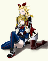 Rule 34 | 2girls, ahoge, aizawa mai, aria1982, bare shoulders, blonde hair, blue eyes, blush, boots, bow, bravely default: flying fairy, bravely default (series), crossover, dead or alive, dead or alive 5, detached sleeves, edea lee, fingerless gloves, gloves, hair bow, hair ribbon, highres, hug, hug from behind, leotard, long hair, looking at viewer, marie rose, multiple girls, open mouth, pantyhose, ribbon, shadow, shiny skin, sitting, thigh boots, thighhighs, twintails, voice actor connection