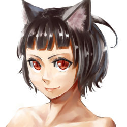 Rule 34 | 1girl, black hair, blunt bangs, closed mouth, collarbone, commentary request, fang, fang out, jaco, looking at viewer, nude, original, portrait, red eyes, short hair, simple background, slit pupils, smile, solo, white background