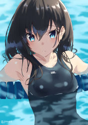 Rule 34 | 1girl, alternate costume, armpits, black hair, black one-piece swimsuit, blue eyes, breasts, commentary request, competition swimsuit, gridman universe, hair between eyes, highres, jonsun, long hair, looking at viewer, medium breasts, one-piece swimsuit, partially submerged, pool, school swimsuit, solo, ssss.gridman, swimsuit, takarada rikka, upper body, wet, wet hair