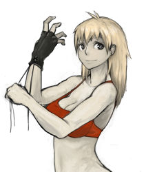 Rule 34 | 1girl, adjusting clothes, adjusting gloves, bare shoulders, blonde hair, breasts, cleavage, dorohedoro, earrings, face, fingerless gloves, gloves, jewelry, large breasts, metal akira, nikaidou (dorohedoro), pale skin, smile, solo, sports bra, toned