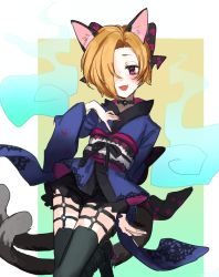 Rule 34 | 1girl, a ichi, animal ears, black footwear, black thighhighs, blue kimono, boots, border, cat ears, cat tail, fang, gradient background, green background, hand on own chest, hitodama, idolmaster, idolmaster cinderella girls, japanese clothes, kimono, looking at viewer, nail polish, purple eyes, shirasaka koume, solo, tail, thighhighs, white border, yellow background