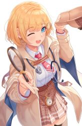 Rule 34 | 1girl, blonde hair, blue eyes, blush, breasts, brown coat, brown skirt, coat, collared shirt, dress shirt, hair ornament, hat, hololive, hololive english, large breasts, long sleeves, looking at viewer, magnifying glass, makamati, necktie, one eye closed, open clothes, open coat, open mouth, plaid, plaid skirt, pocket watch, shirt, simple background, skirt, smile, stethoscope, unworn hat, unworn headwear, virtual youtuber, watch, watson amelia, watson amelia (1st costume), white background, white shirt