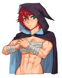 Rule 34 | 1girl, abs, biceps, black cape, breasts, cape, cessa, commission, cropped torso, freckles, green eyes, hair between eyes, highres, hood, hood up, muscular, muscular female, original, red hair, sarashi, shadow, short hair, simple background, solo, underboob, upper body, white background