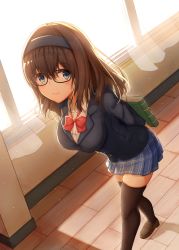 Rule 34 | 1girl, aiban, arms behind back, bespectacled, black-framed eyewear, black hair, black thighhighs, blazer, blue eyes, blue jacket, blue skirt, blush, book, bow, breasts, commentary request, curtains, from above, glasses, highres, holding, holding book, idolmaster, idolmaster cinderella girls, jacket, large breasts, leaning forward, long hair, plaid, plaid skirt, pleated skirt, red bow, red neckwear, sagisawa fumika, school uniform, skirt, smile, solo, thighhighs, window, zettai ryouiki