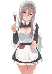 Rule 34 | 1girl, alternate costume, apron, black dress, breasts, brown eyes, cleavage, cleavage cutout, clothing cutout, commentary request, cowboy shot, cup, dress, drinking glass, enmaided, grey hair, highres, holding, kantai collection, large breasts, maid, maid headdress, one-hour drawing challenge, pola (kancolle), sakieko, simple background, solo, wavy hair, white apron, white background, wine glass