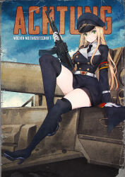 Rule 34 | 1girl, arm support, assault rifle, belt, black footwear, black necktie, black thighhighs, blonde hair, boots, breasts, closed mouth, commission, german text, girls&#039; frontline, gloves, green eyes, gun, hat, high heel boots, high heels, highres, holding, holding gun, holding weapon, long hair, long sleeves, looking at viewer, medium breasts, military hat, military uniform, necktie, peaked cap, persocon93, pixiv commission, rifle, shirt, sitting, solo, stg44, stg44 (girls&#039; frontline), thigh boots, thighhighs, thighhighs under boots, uniform, very long hair, weapon, white belt, white gloves, white shirt