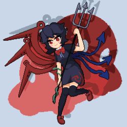 Rule 34 | 1girl, :3, asymmetrical wings, black dress, black hair, black thighhighs, blue wings, bow, closed mouth, commentary, dress, english commentary, fds ty, footwear bow, full body, houjuu nue, looking at viewer, pixel art, polearm, red eyes, red footwear, red wings, short hair, smile, snake armband, solo, thighhighs, touhou, trident, ufo, weapon, wings