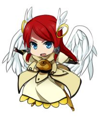 Rule 34 | 1girl, 6 (yuchae), alternate costume, angel wings, arc system works, armor, armored dress, blazblue, blazblue: continuum shift, blue eyes, chibi, hair tubes, head wings, long hair, red hair, solo, tsubaki yayoi, vambraces, white background, wings