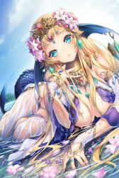 Rule 34 | 1girl, aqua eyes, bare shoulders, blonde hair, blush, breasts, bridal gauntlets, cleavage, dress, earrings, female focus, fingerless gloves, flower, gloves, hair flower, hair ornament, hairband, jewelry, large breasts, long hair, looking at viewer, lying, moepedia, moepedia uma zukan, necklace, on stomach, open mouth, original, personification, sky, solo, sorimura youji, very long hair, water, wet, wet clothes