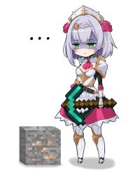 Rule 34 | ..., 1girl, absurdres, annoyed, breasts, chibi, crossover, flower, genshin impact, green eyes, hair flower, hair ornament, highres, holding, holding pickaxe, jitome, keicyanyan, knight, medium breasts, armored boots, metal gloves, minecraft, minecraft pickaxe, noelle (genshin impact), pickaxe, red flower, red rose, rose, shaded face, silver hair, solo