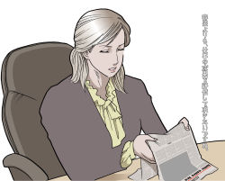 Rule 34 | 1girl, blouse, brown hair, business suit, chair, closed eyes, desk, formal, hair up, highres, japanese text, nappii (nappy happy), natalia poklonskaya, newspaper, real life, shirt, simple background, sitting, solo, suit, text focus, translation request, white background