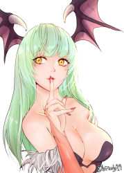Rule 34 | 1girl, bad id, bad pixiv id, bare shoulders, bat wings, breasts, bridal gauntlets, cleavage, clothing cutout, collarbone, demon girl, fingernails, green hair, head wings, heart cutout, highres, index finger raised, large breasts, long fingernails, long hair, looking at viewer, mamun, morrigan aensland, nail polish, parted lips, red nails, solo, twitter username, upper body, vampire (game), white background, wings, yellow eyes