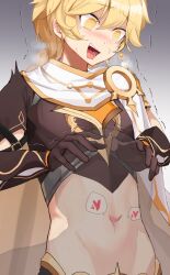 Rule 34 | 1boy, @ @, aether (genshin impact), black gloves, blonde hair, blush, braid, braided ponytail, brown shirt, charles (gu599), commentary request, crop top, cropped shirt, earrings, gauntlets, genshin impact, gloves, groin, hair between eyes, hands on another&#039;s head, heart, highres, jewelry, korean commentary, licking, licking navel, long hair, male focus, midriff, navel, navel focus, nose blush, open mouth, saliva, scarf, see-through, shirt, sidelocks, simple background, single braid, single earring, solo focus, standing, steam, sweat, teeth, trembling, white scarf, yellow eyes