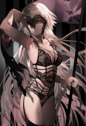 Rule 34 | 1girl, ahoge, armpits, banner, breasts, collarbone, cowboy shot, fate/grand order, fate (series), flag, garter straps, hair between eyes, hand up, headpiece, holding, holding flag, jeanne d&#039;arc (fate), jeanne d&#039;arc alter (avenger) (fate), jeanne d&#039;arc alter (fate), lace, large breasts, lingerie, long hair, looking at viewer, medium breasts, open mouth, salmon88, shade, sidelocks, silver hair, solo, thighhighs, underwear, underwear only, very long hair, yellow eyes